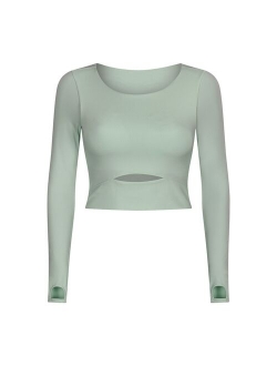 SHINBENE CUTOUT Padded Yoga Long Sleeve Crop Top Pullover Women O Neck Plus Size Fitness Workout Sport Jersey with Built In Bra