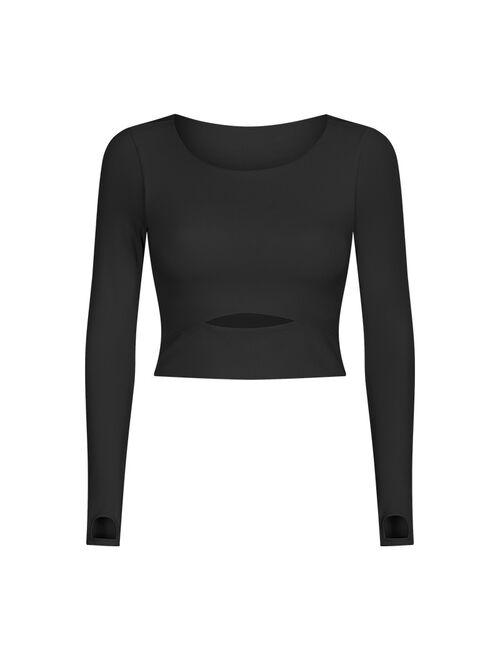 SHINBENE CUTOUT Padded Yoga Long Sleeve Crop Top Pullover Women O Neck Plus Size Fitness Workout Sport Jersey with Built In Bra