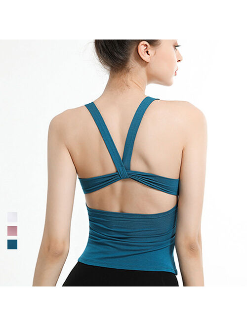 High Elastic Open Back Yoga Vest for Gym Sports Fitness Cross Straps Yoga Tank Top With Built In Bra Workout Shirts For Women