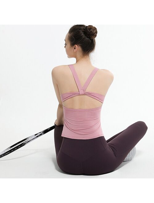 High Elastic Open Back Yoga Vest for Gym Sports Fitness Cross Straps Yoga Tank Top With Built In Bra Workout Shirts For Women