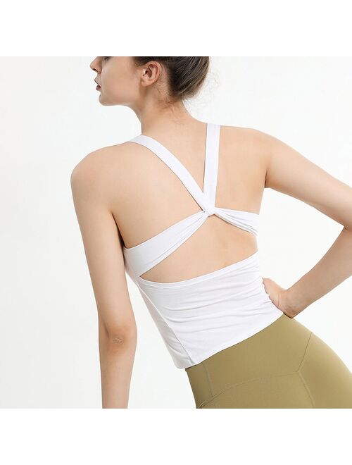 High Elastic Open Back Yoga Vest for Gym Sports Fitness Cross Straps Yoga Tank Top With Built In Bra Workout Shirts For Women