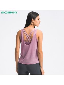 SHINBENE 2 in 1 Loose U-back Workout Gym Tank Tops with Built in Bras Women Sweat Proof Lightweight Fitness Yoga Training Vest