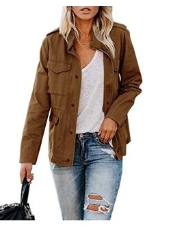 Womens Military Jacket Zip Up Snap Buttons Lightweight Utility Anorak Field Safari Coat Outwear