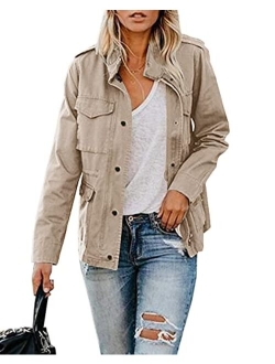 Womens Military Jacket Zip Up Snap Buttons Lightweight Utility Anorak Field Safari Coat Outwear