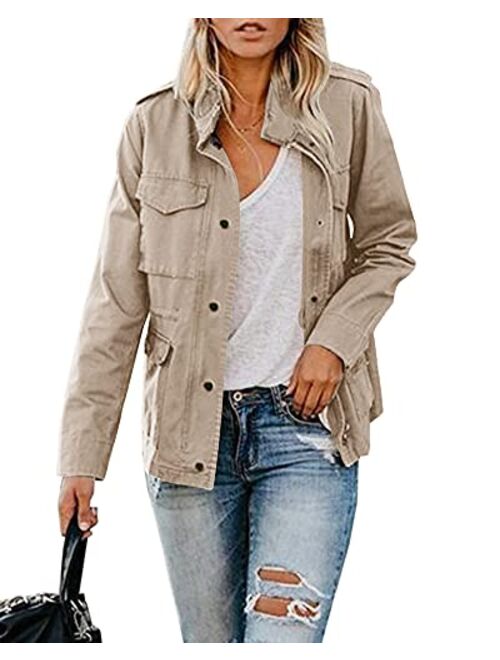 Womens Military Jacket Zip Up Snap Buttons Lightweight Utility Anorak Field Safari Coat Outwear