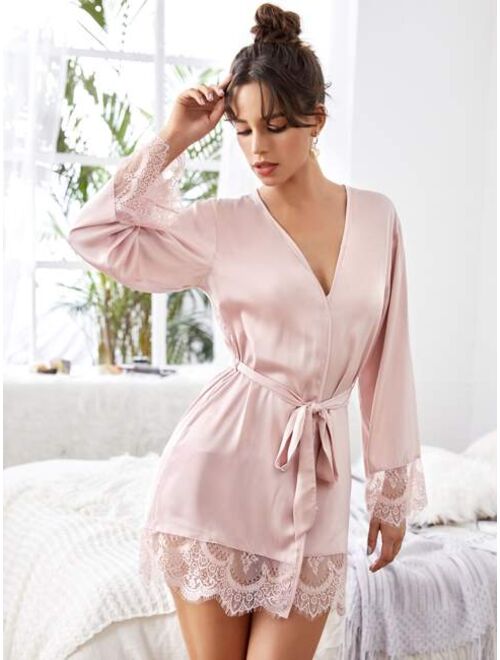 Shein Eyelash Lace Trim Self Belted Satin Night Robe