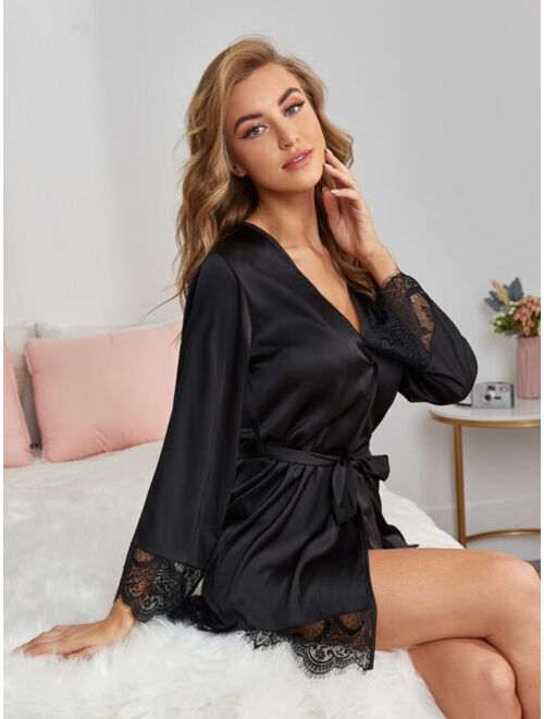 Shein Eyelash Lace Trim Self Belted Satin Night Robe