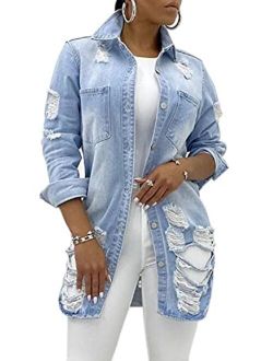 SeNight Women's Jean Jacket Long Sleeve Classic Distressed Fray Hem Tassels Denim Trucker Jackets