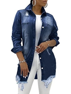 SeNight Women's Jean Jacket Long Sleeve Classic Distressed Fray Hem Tassels Denim Trucker Jackets