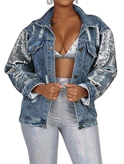 SeNight Women's Jean Jacket Long Sleeve Classic Distressed Fray Hem Tassels Denim Trucker Jackets