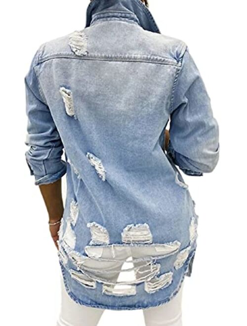 SeNight Women's Jean Jacket Long Sleeve Classic Distressed Fray Hem Tassels Denim Trucker Jackets