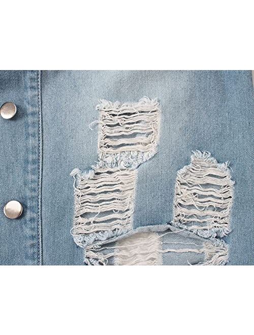 SeNight Women's Jean Jacket Long Sleeve Classic Distressed Fray Hem Tassels Denim Trucker Jackets