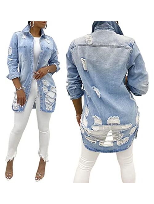 SeNight Women's Jean Jacket Long Sleeve Classic Distressed Fray Hem Tassels Denim Trucker Jackets