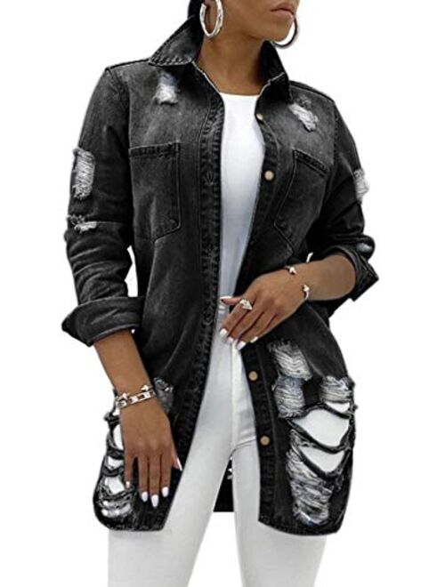 SeNight Women's Jean Jacket Long Sleeve Classic Distressed Fray Hem Tassels Denim Trucker Jackets