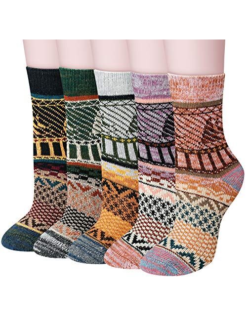 Women Winter Socks 5 Pairs Cotton Thick Knit Vintage Soft Cozy Casual Crew Socks