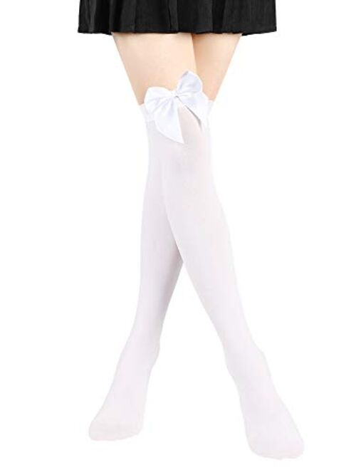 Satin Bow Stockings Women Opaque Thigh High Stockings Over Knee Long Stockings