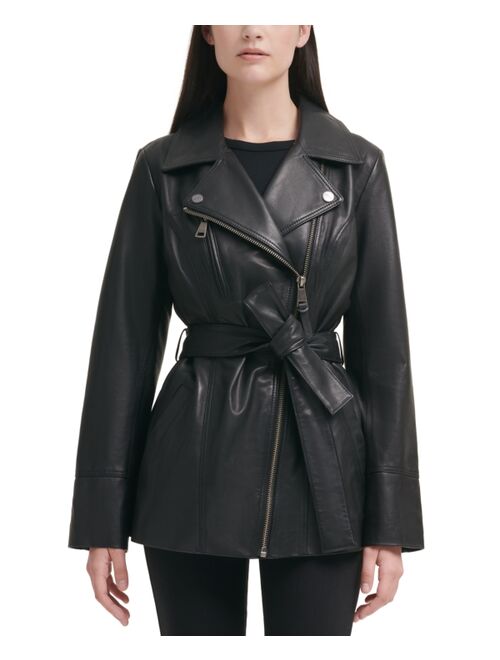 DKNY Asymmetrical Belted Leather Jacket