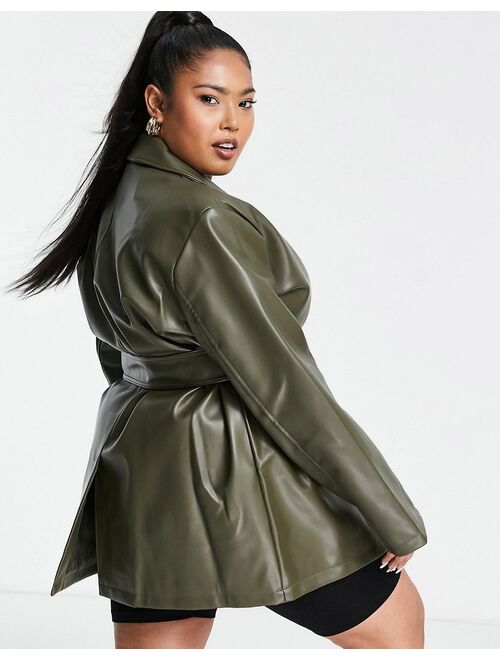 Asos Design Curve faux leather belted blazer in olive