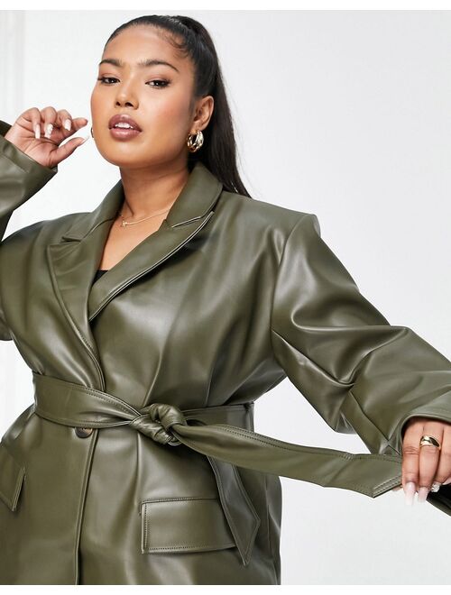 Asos Design Curve faux leather belted blazer in olive