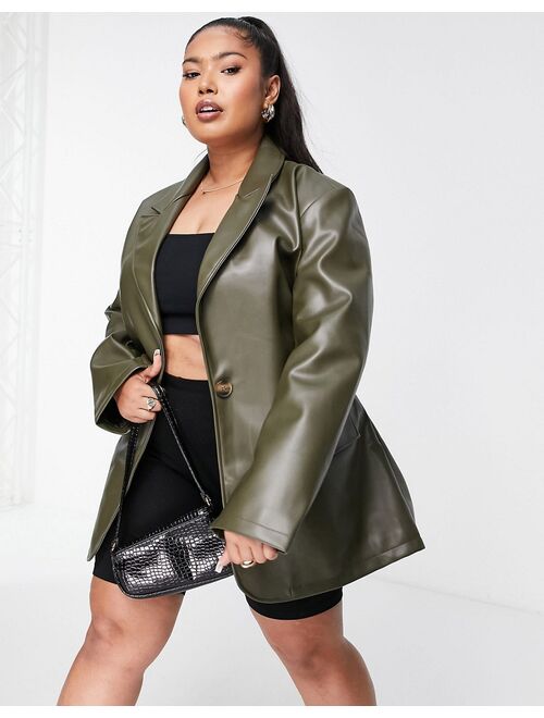 Asos Design Curve faux leather belted blazer in olive