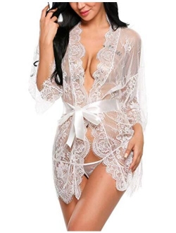 ADOME Women's Kimono Robe Lace Babydoll Bridal Lingerie Sheer Mesh Nightgown