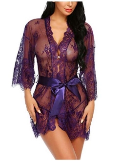 ADOME Women's Kimono Robe Lace Babydoll Bridal Lingerie Sheer Mesh Nightgown