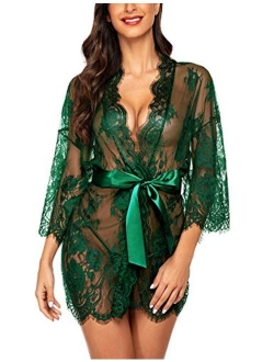 ADOME Women's Kimono Robe Lace Babydoll Bridal Lingerie Sheer Mesh Nightgown