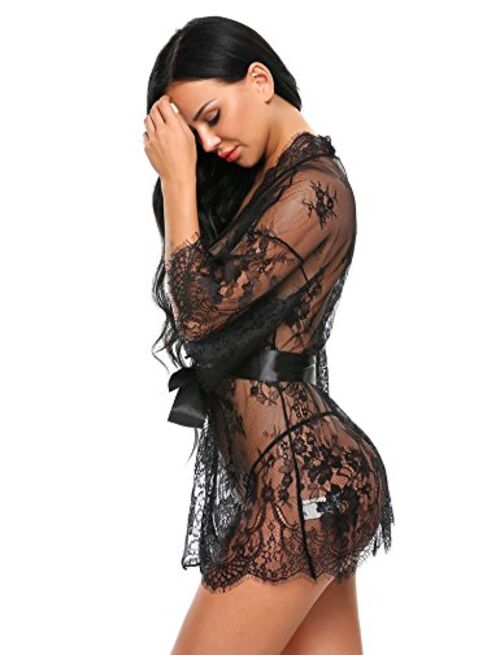 ADOME Women's Kimono Robe Lace Babydoll Bridal Lingerie Sheer Mesh Nightgown