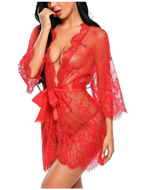 ADOME Women's Kimono Robe Lace Babydoll Bridal Lingerie Sheer Mesh Nightgown