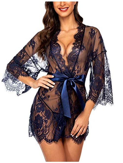 ADOME Women's Kimono Robe Lace Babydoll Bridal Lingerie Sheer Mesh Nightgown