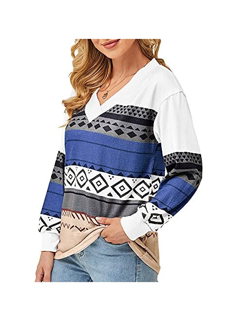 Genayge Women's Ethnic Geometric Shirt Tops V Neck Long Sleeve Blouse Casual Fall Pullover