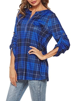 MIXJOY Baikea Women's 3/4 Sleeve V Neck Plaid Shirt Casual Tunic Blouse with Chest Flaps