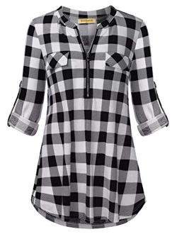 MIXJOY Baikea Women's 3/4 Sleeve V Neck Plaid Shirt Casual Tunic Blouse with Chest Flaps