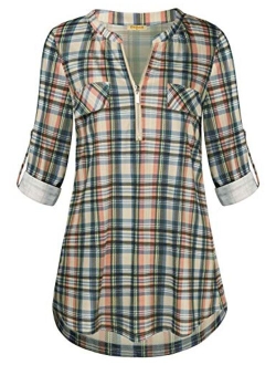 MIXJOY Baikea Women's 3/4 Sleeve V Neck Plaid Shirt Casual Tunic Blouse with Chest Flaps