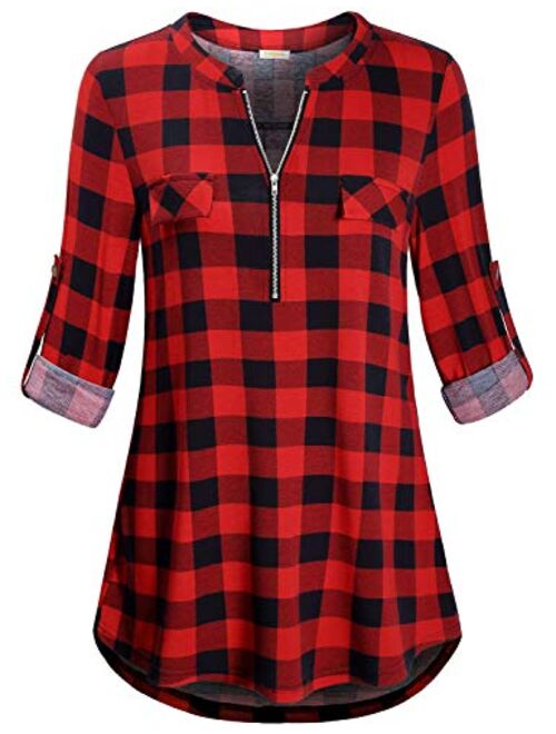 MIXJOY Baikea Women's 3/4 Sleeve V Neck Plaid Shirt Casual Tunic Blouse with Chest Flaps