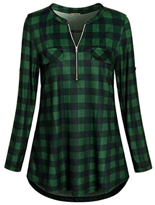 MIXJOY Baikea Women's 3/4 Sleeve V Neck Plaid Shirt Casual Tunic Blouse with Chest Flaps