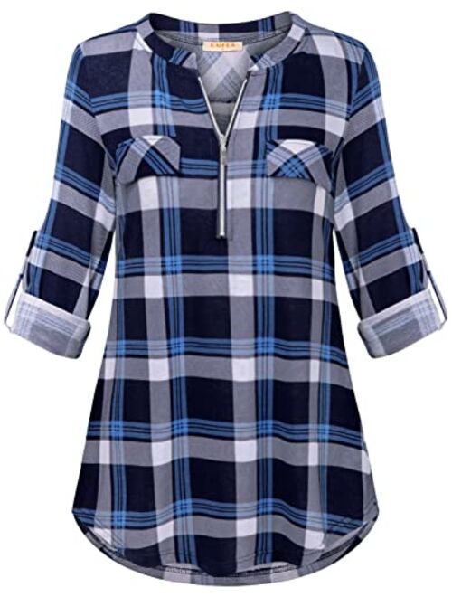 MIXJOY Baikea Women's 3/4 Sleeve V Neck Plaid Shirt Casual Tunic Blouse with Chest Flaps