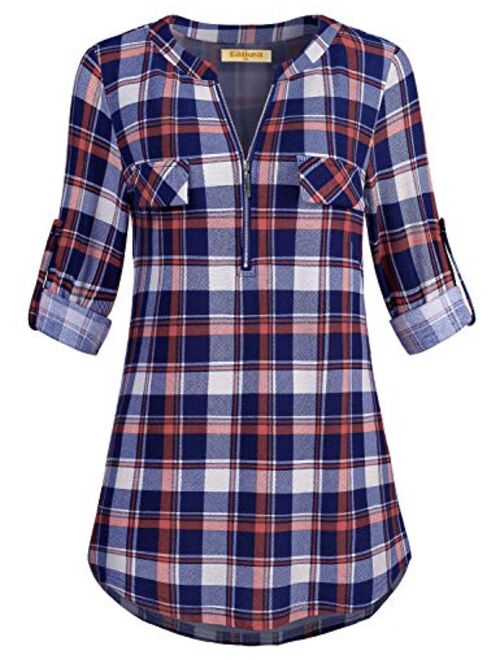 MIXJOY Baikea Women's 3/4 Sleeve V Neck Plaid Shirt Casual Tunic Blouse with Chest Flaps