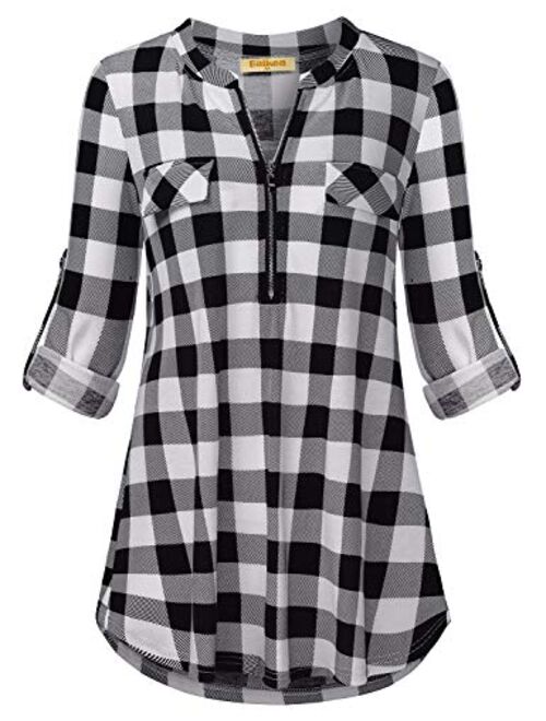 MIXJOY Baikea Women's 3/4 Sleeve V Neck Plaid Shirt Casual Tunic Blouse with Chest Flaps