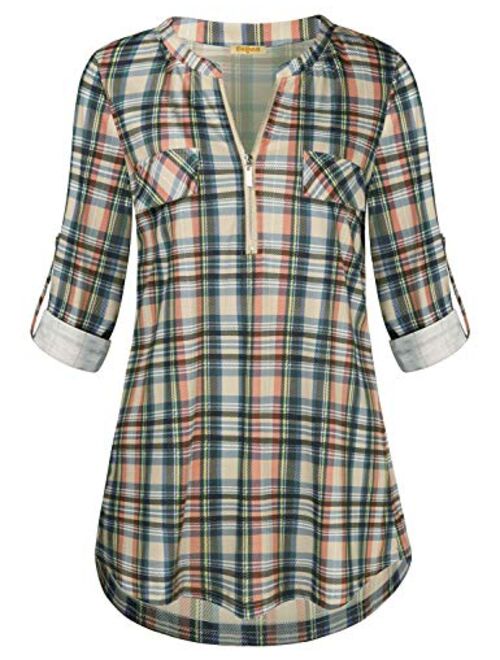 MIXJOY Baikea Women's 3/4 Sleeve V Neck Plaid Shirt Casual Tunic Blouse with Chest Flaps