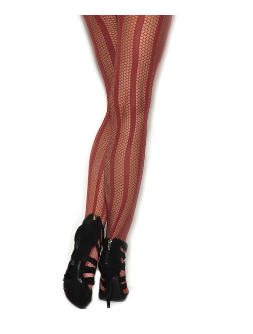 Elegant Moments Burgundy Sheer Striped Fishnet Suspender Body Stocking - Women