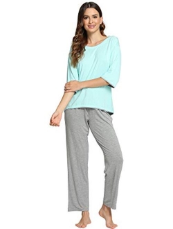 Women's 3/4 Sleeves Top with Pants Scoop Neck Sleepwear Soft Bamboo Lightweight Pjs Plus Size Pajama Set S-4X