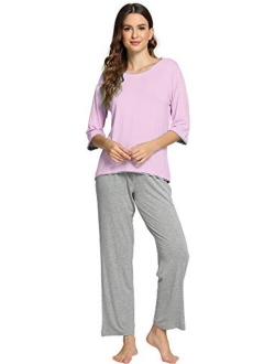 Women's 3/4 Sleeves Top with Pants Scoop Neck Sleepwear Soft Bamboo Lightweight Pjs Plus Size Pajama Set S-4X