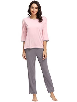 Women's 3/4 Sleeves Top with Pants Scoop Neck Sleepwear Soft Bamboo Lightweight Pjs Plus Size Pajama Set S-4X