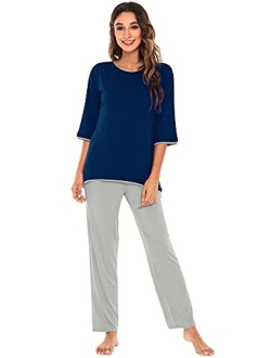 Women's 3/4 Sleeves Top with Pants Scoop Neck Sleepwear Soft Bamboo Lightweight Pjs Plus Size Pajama Set S-4X