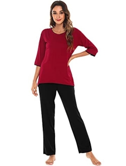 Women's 3/4 Sleeves Top with Pants Scoop Neck Sleepwear Soft Bamboo Lightweight Pjs Plus Size Pajama Set S-4X