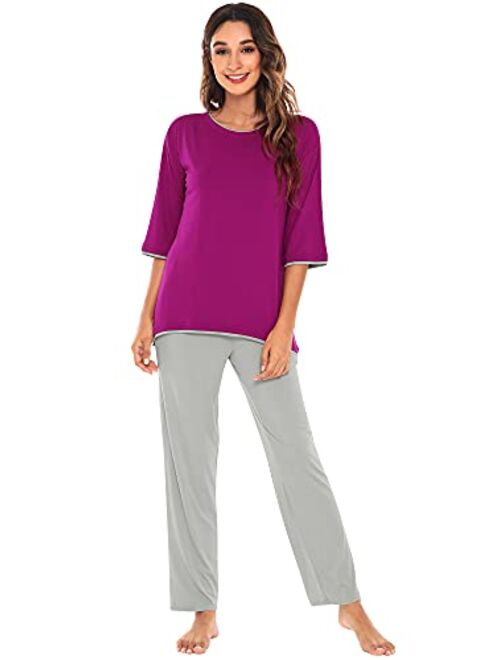 WiWi Women's 3/4 Sleeves Top with Pants Scoop Neck Sleepwear Soft Bamboo Lightweight Pjs Plus Size Pajama Set S-4X