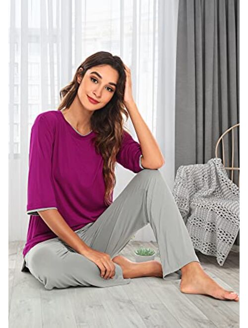 WiWi Women's 3/4 Sleeves Top with Pants Scoop Neck Sleepwear Soft Bamboo Lightweight Pjs Plus Size Pajama Set S-4X