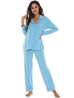 Bamboo Pajamas Set for Women Long Sleeve Sleepwear Button Down Nightwear Soft Pj Lounge Sets Loungewear S-3X