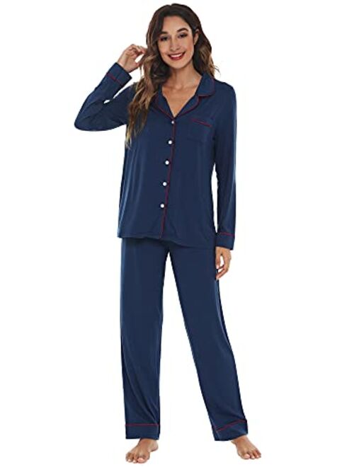 WiWi Bamboo Pajamas Set for Women Long Sleeve Sleepwear Button Down Nightwear Soft Pj Lounge Sets Loungewear S-3X